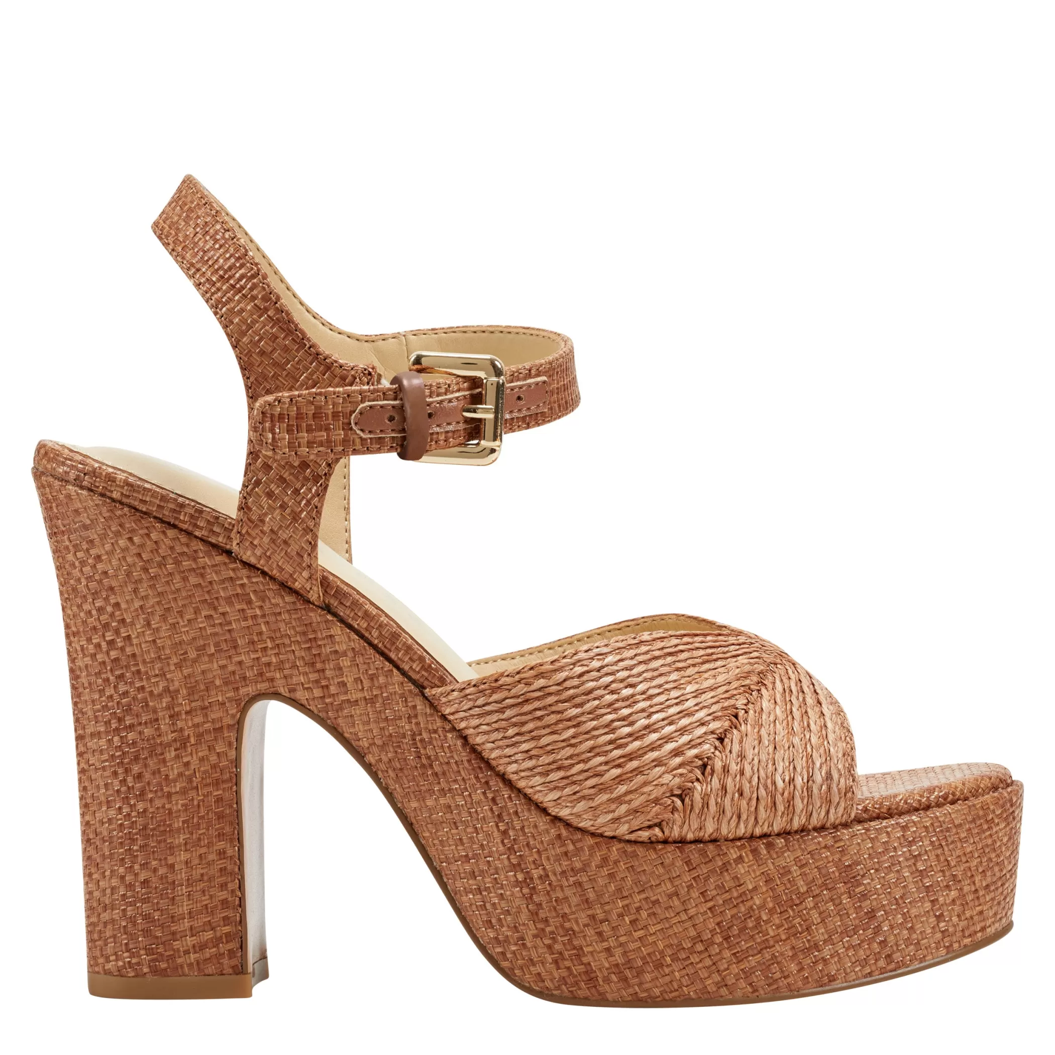 Clearance Marc Fisher Starla Block Heel Platform Sandal Brown Raffia