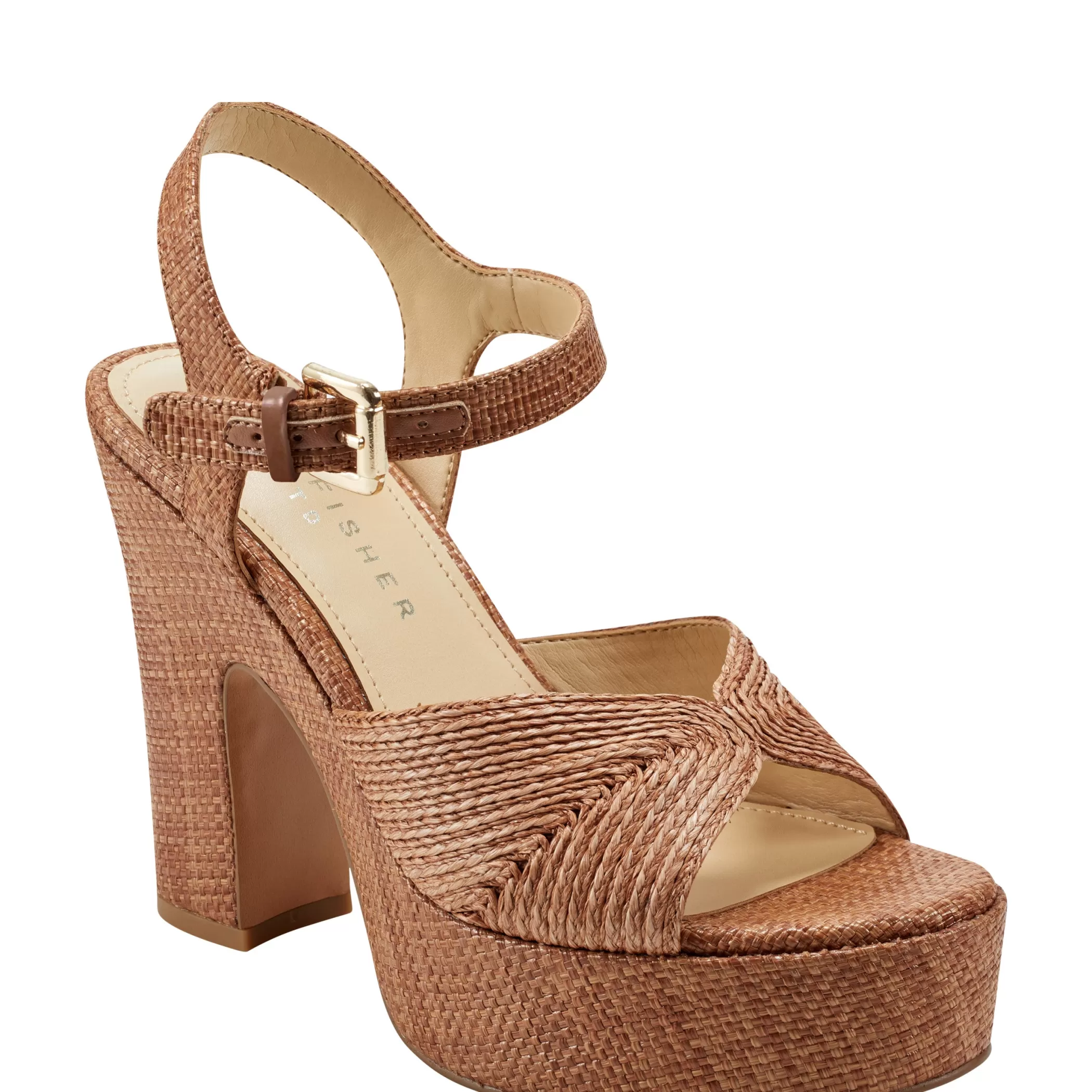 Clearance Marc Fisher Starla Block Heel Platform Sandal Brown Raffia